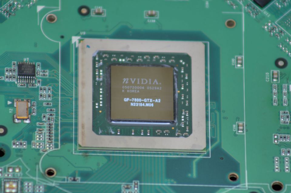 Representative NVIDIA GeForce 7800 GTX GPU on a graphics board physical card, photographed from the front