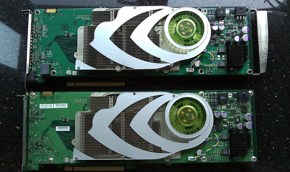 Representative Pair of NVIDIA GeForce 7900 GX2 PCIe boards for Quad SLI physical card, photographed from the front