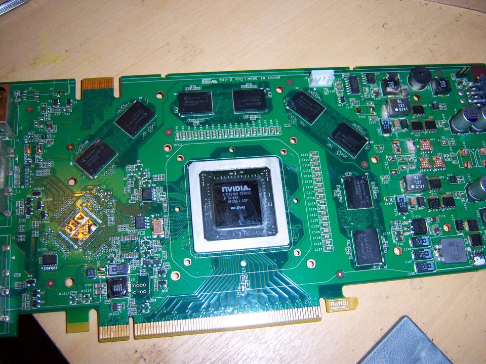 Representative NVIDIA GeForce 8800 GT PCIe board with cooler removed physical card, photographed from the front