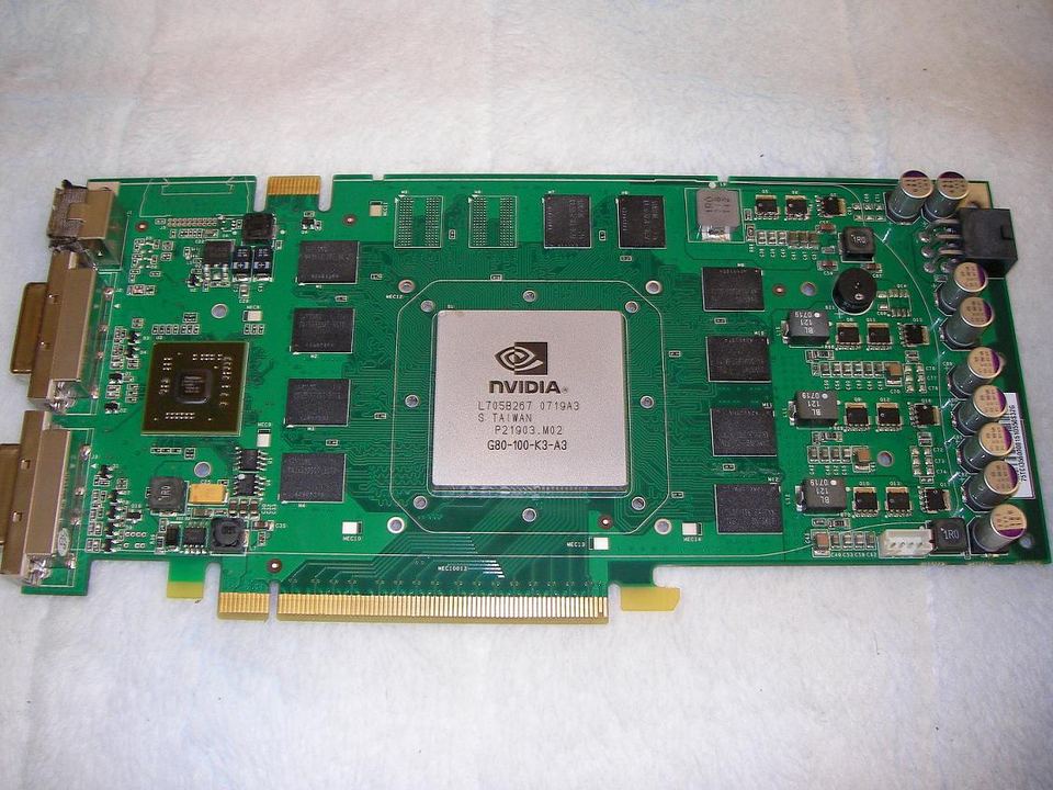 Representative GeForce 8800 GTS 320 MB board with exposed GPU physical card, photographed from the front