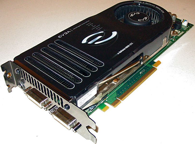Representative EVGA GeForce 8800 GTX PCIe board physical card, photographed from the front