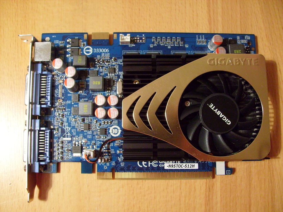 Representative Gigabyte GV-N95TOC-512H GeForce 9500 GT board physical card, photographed from the front