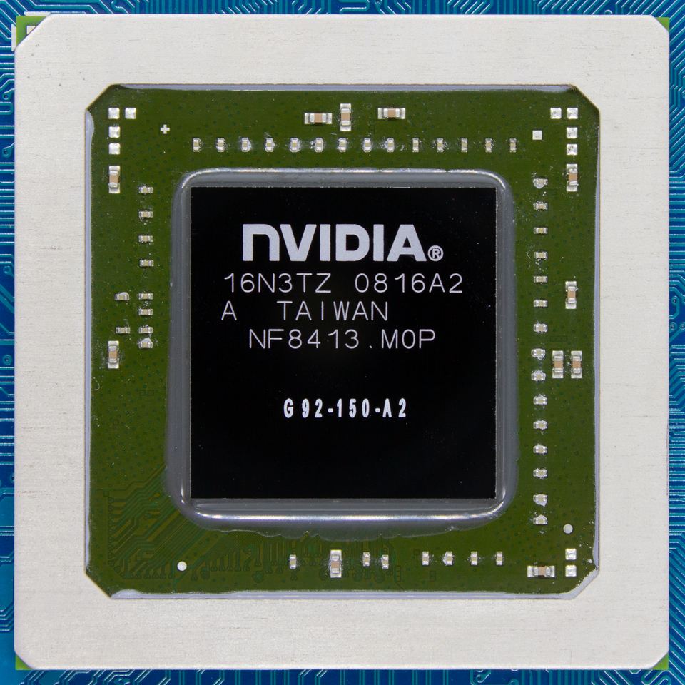 Representative GeForce 9600 GSO G92-150-A2 GPU package physical card, photographed from the front