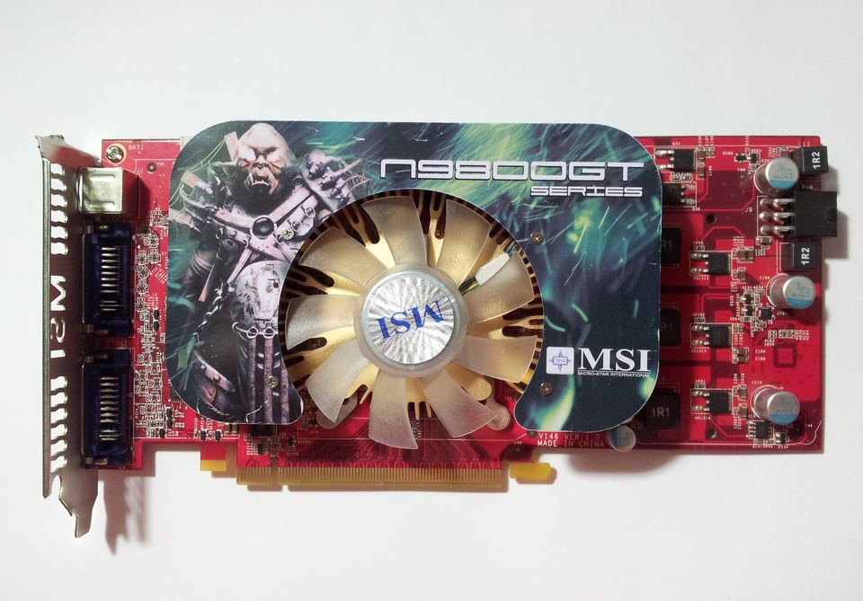 Representative MSI N9800GT GeForce 9800 GT board physical card, photographed from the front