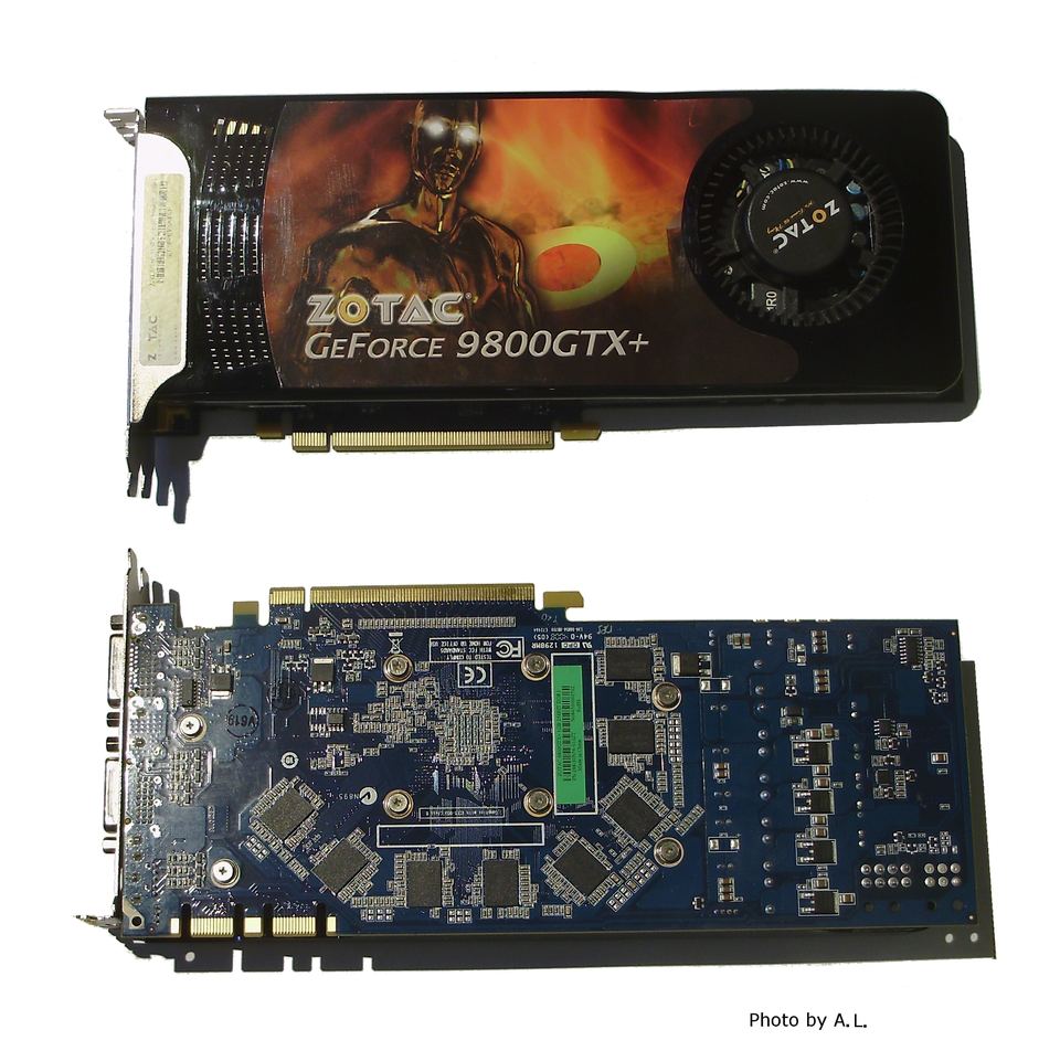 Representative Zotac GeForce 9800 GTX+ PCIe board physical card, photographed from the front