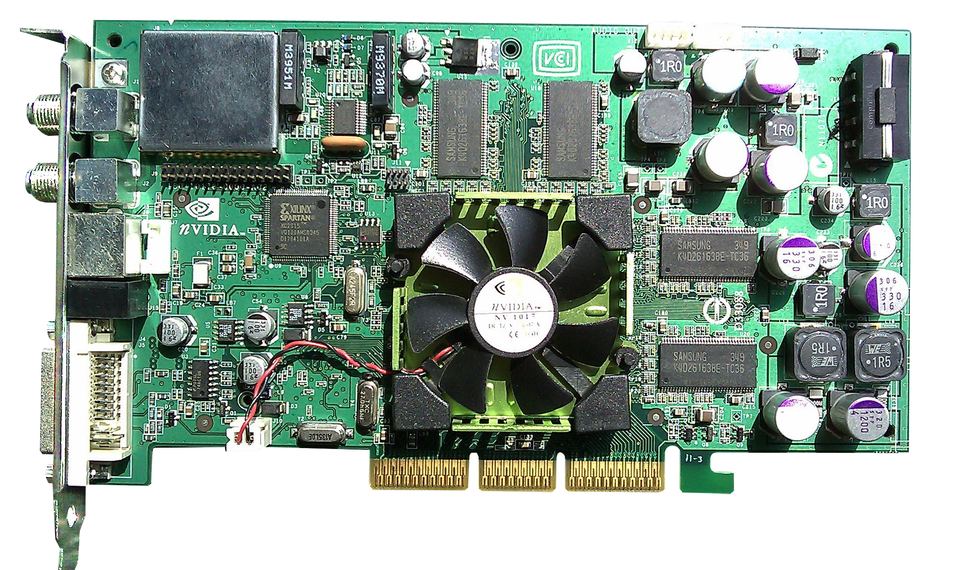 Representative NVIDIA Personal Cinema GeForce FX 5700 engineering-sample AGP board physical card, photographed from the front