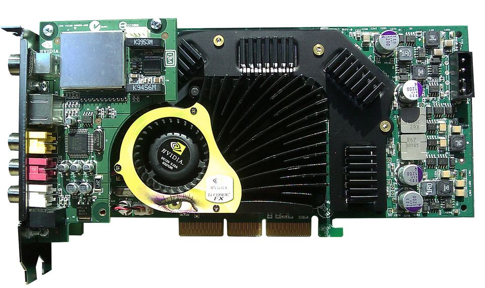 Representative NVIDIA Personal Cinema GeForce FX 5900 Ultra engineering-sample AGP board physical card, photographed from the front