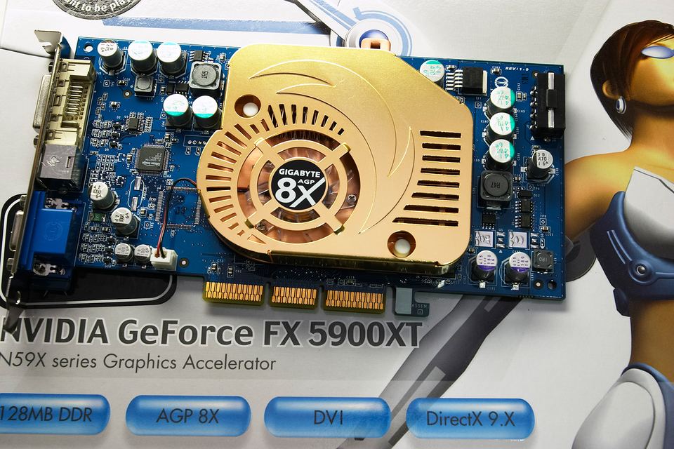 Representative Gigabyte GV-N59X128D GeForce FX 5900 XT AGP board physical card, photographed from the front