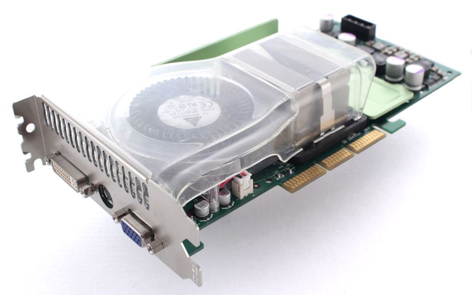 Angled view of the engineering sample with cooler, port bracket, and AGP edge connector