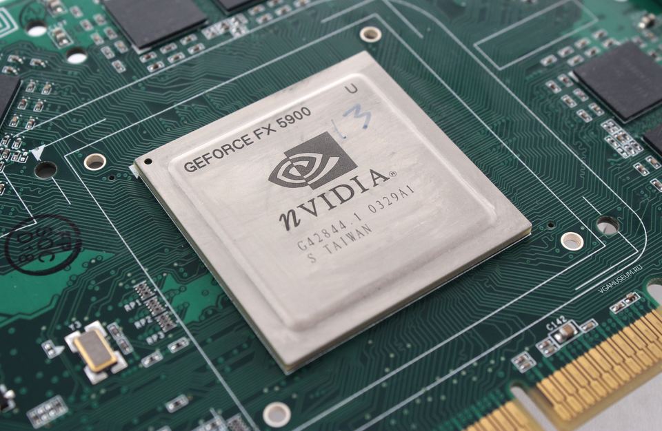 Close-up of the engineering sample GPU package visibly marked GeForce FX5900