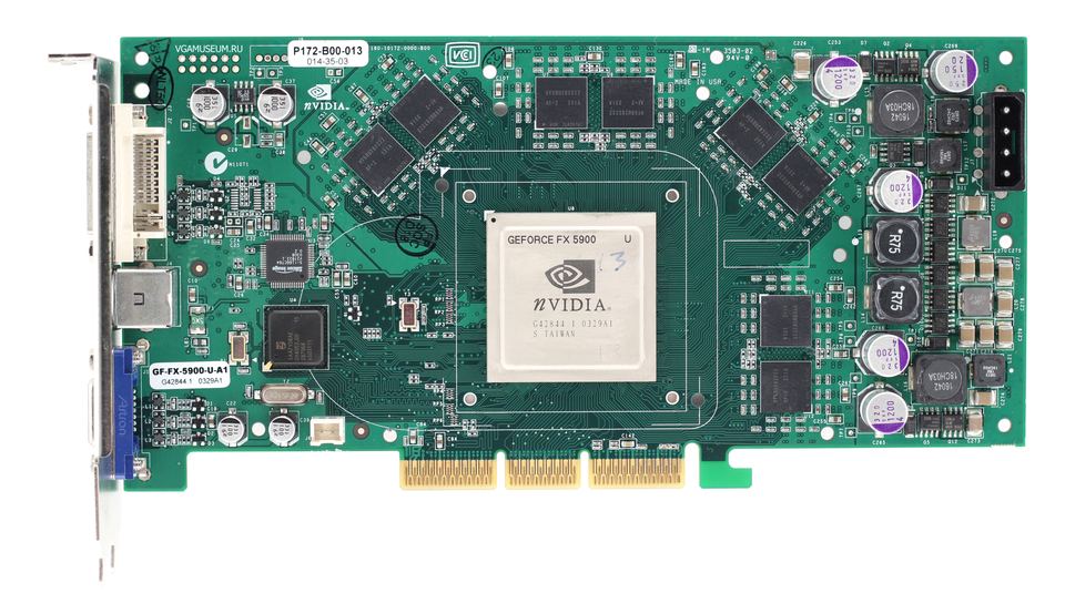 Exposed front of the engineering sample showing memory chips and the GPU marked GeForce FX5900
