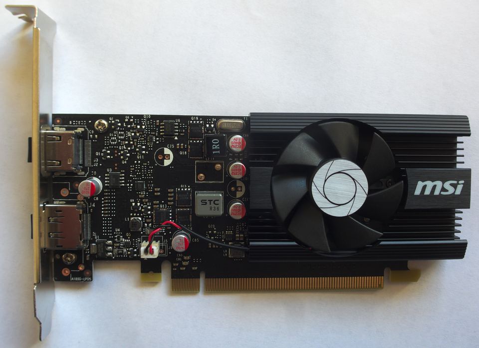 Representative MSI GeForce GT 1030 2G LP OC board physical card, photographed from the front