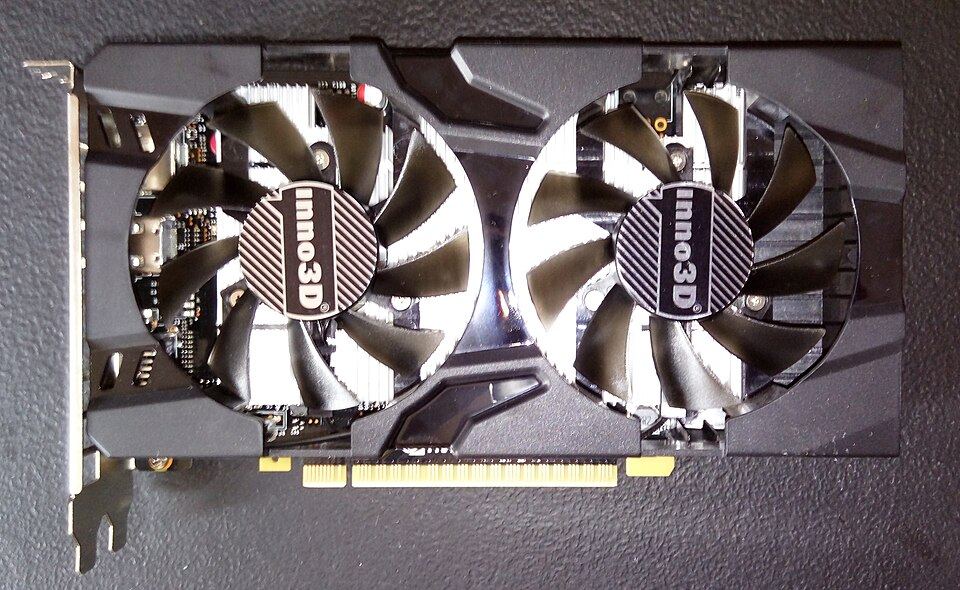 Representative Inno3D GeForce GTX 1050 TwinX2 board physical card, photographed from the front