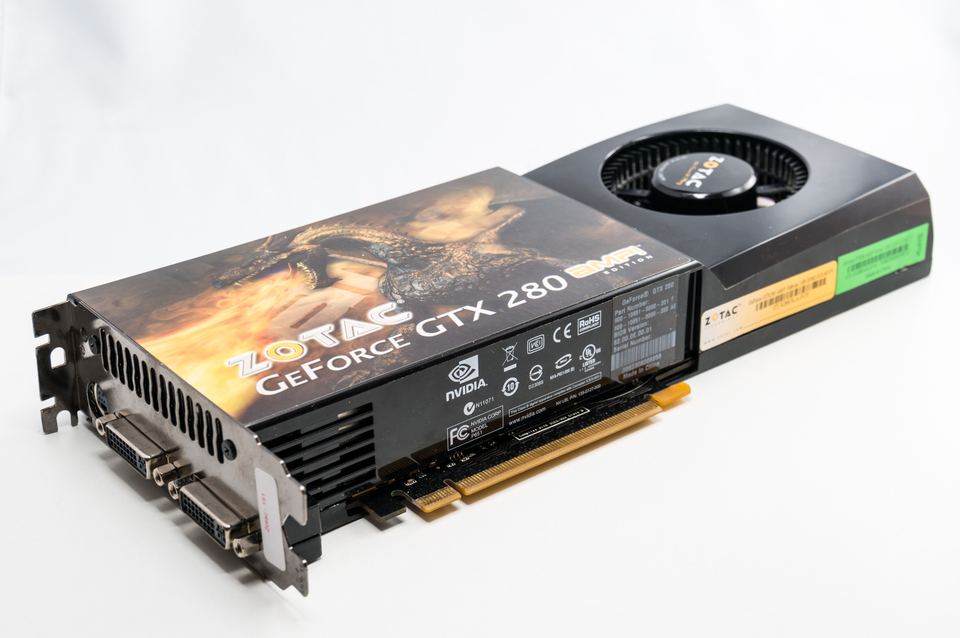 Front of a ZOTAC GeForce GTX 280 card with model lettering on the cooler