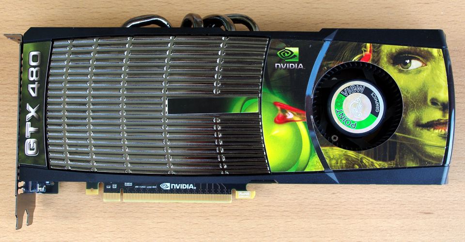 Representative Point of View GeForce GTX 480 board physical card, photographed from the front