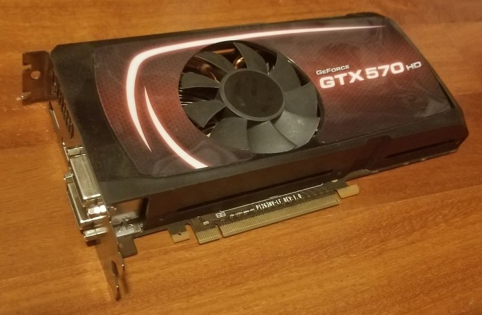 Representative EVGA GeForce GTX 570 HD PCIe board physical card, photographed from the front
