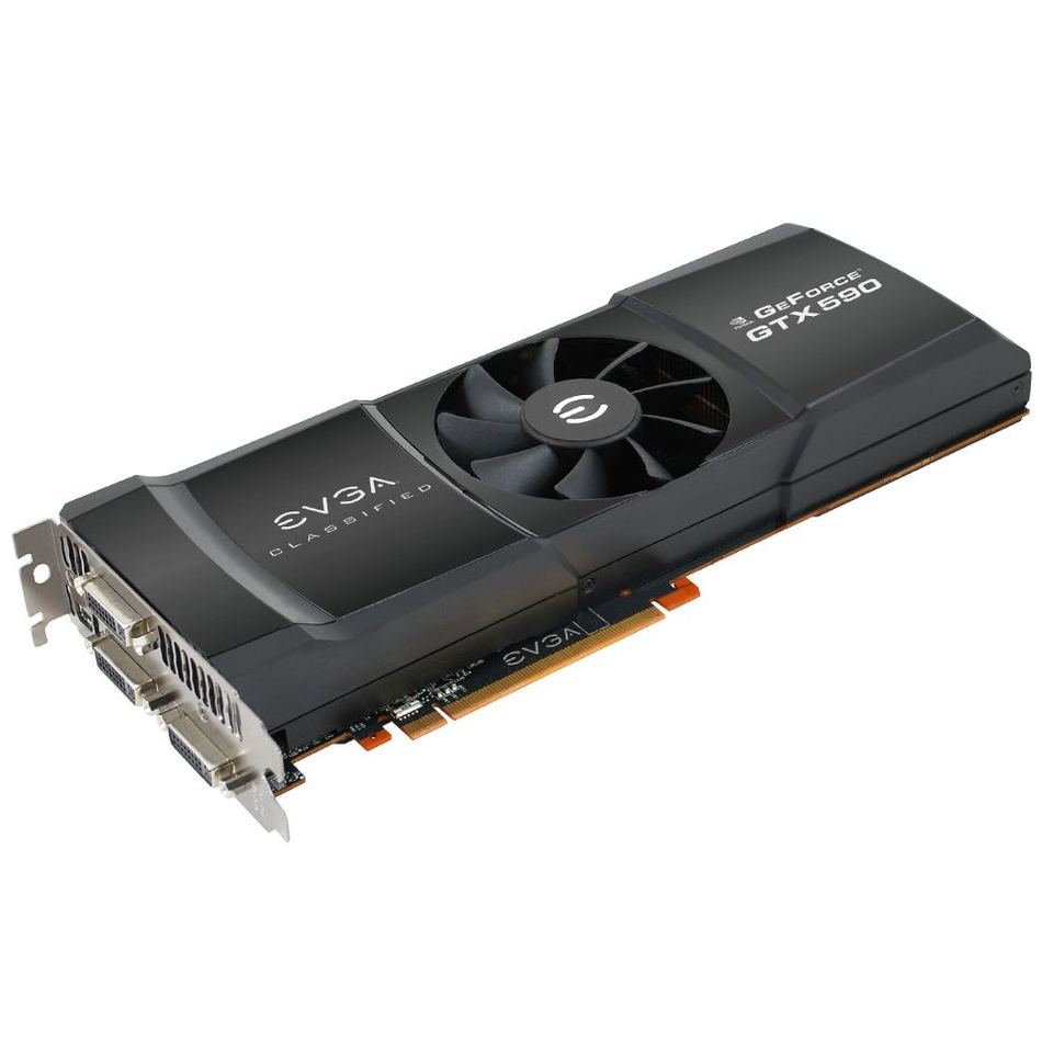Representative EVGA GeForce GTX 590 board physical card, photographed from the front