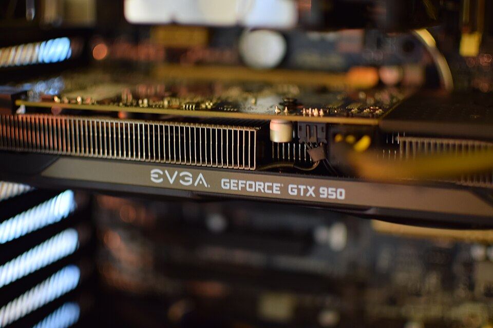 Representative EVGA GeForce GTX 950 installed in a PC physical card, photographed from the front