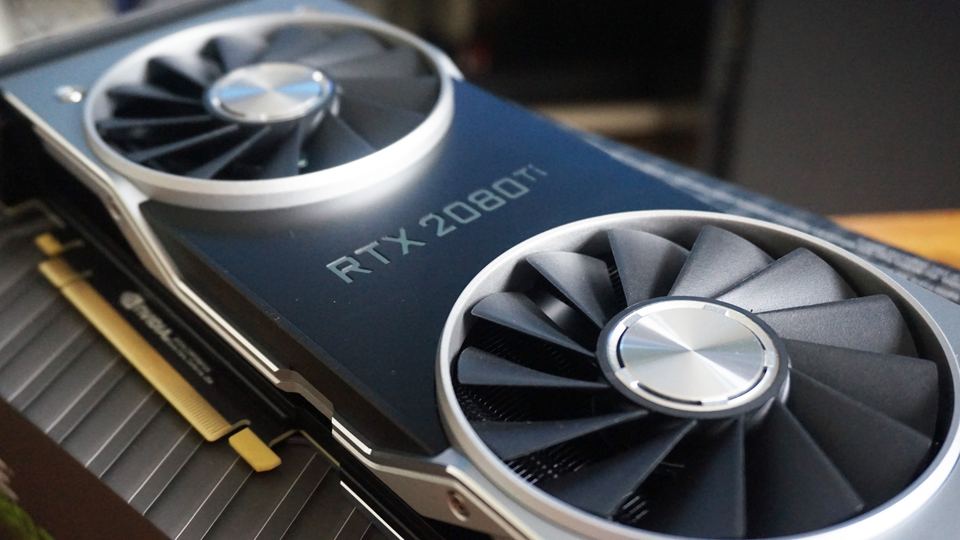 Representative NVIDIA GeForce RTX 2080 Ti dual-fan board physical card, photographed from the front