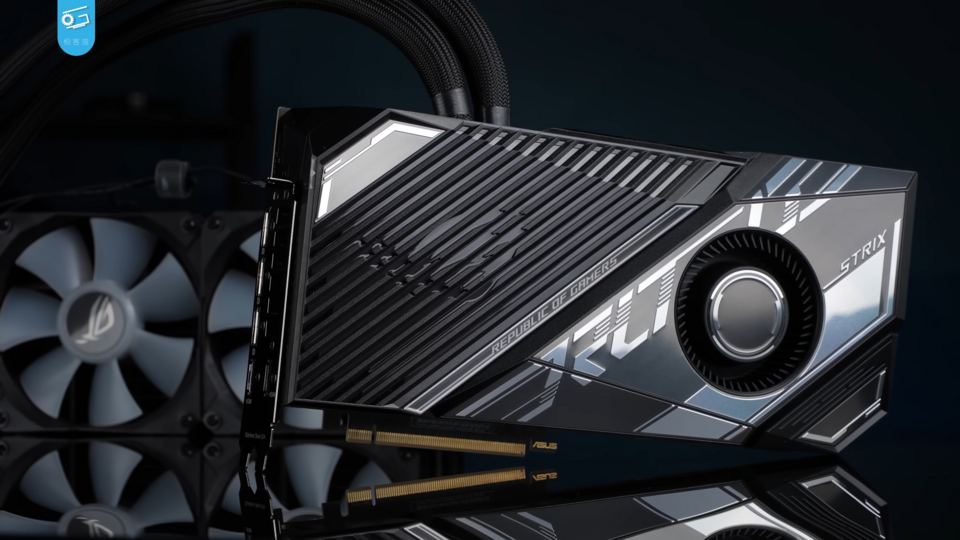 Representative ASUS ROG Strix liquid-cooled GeForce RTX 3090 Ti in a review frame physical card, photographed from the front