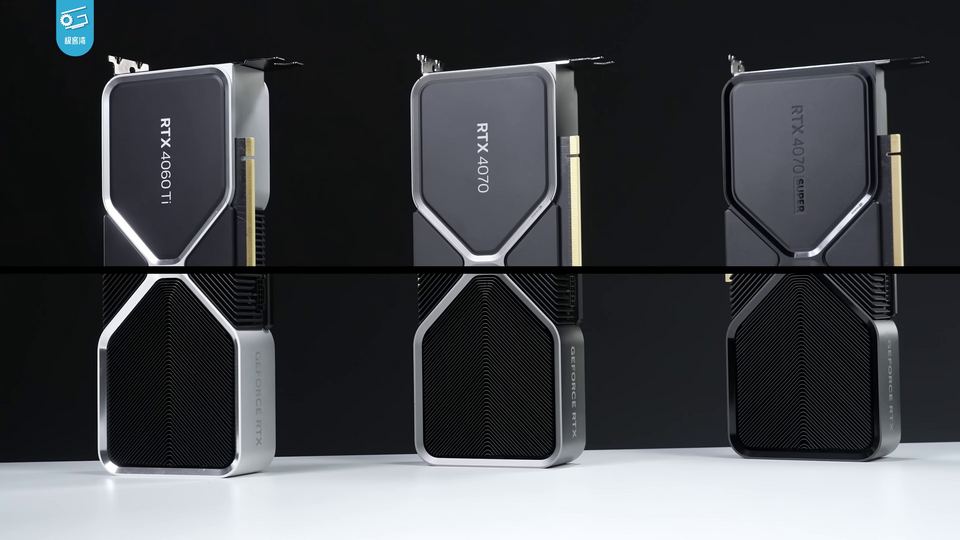 Representative GeForce RTX 4070 SUPER beside RTX 4070 and RTX 4060 Ti cards physical card, photographed from the front