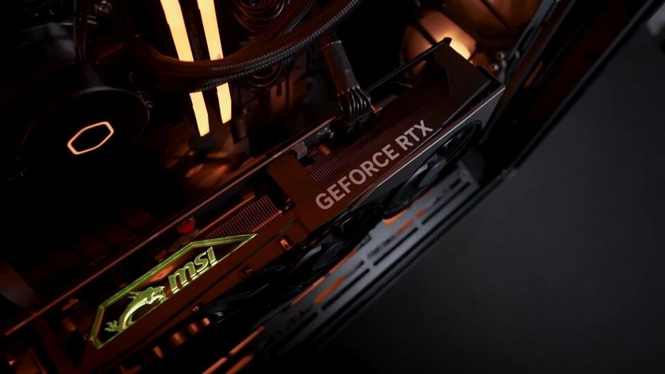 Installed card edge of MSI Gaming X Slim GeForce RTX 4080 installed in a PC