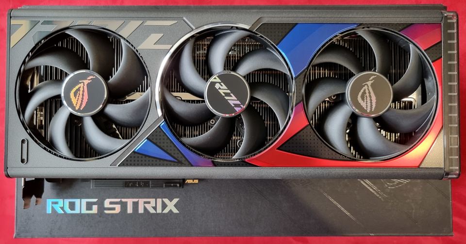 Representative ASUS ROG Strix GeForce RTX 4090 board physical card, photographed from the front