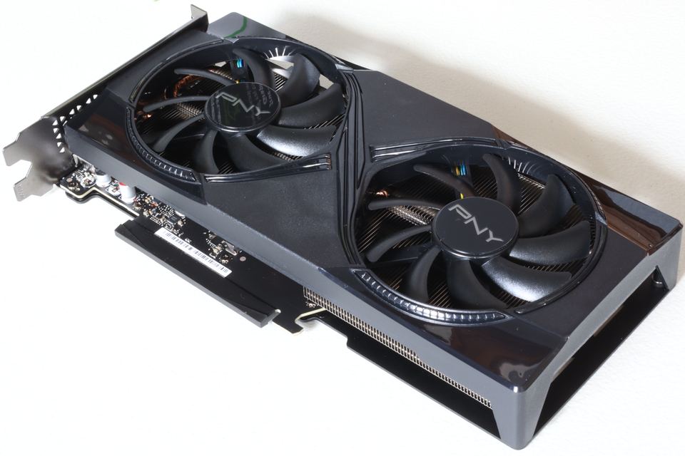 Representative PNY GeForce RTX 5060 Ti 16 GB Overclocked Dual Fan board physical card, photographed from the front