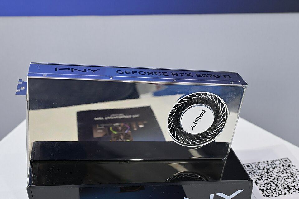 Representative PNY GeForce RTX 5070 Ti exhibition board physical card, photographed from the front