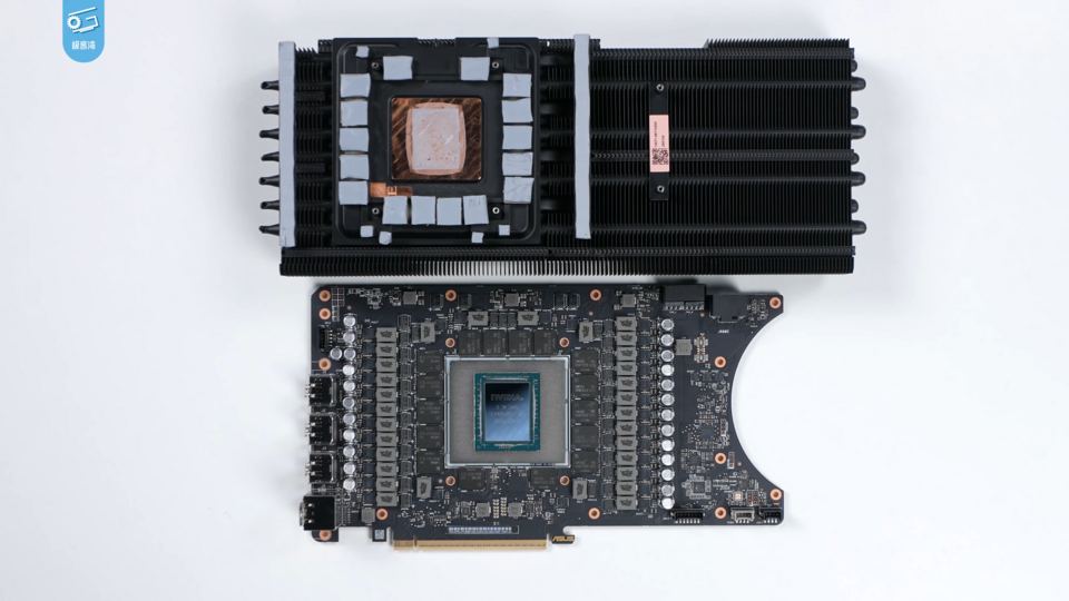Representative GeForce RTX 5090 D board and removed cooler in a review frame physical card, photographed from the front
