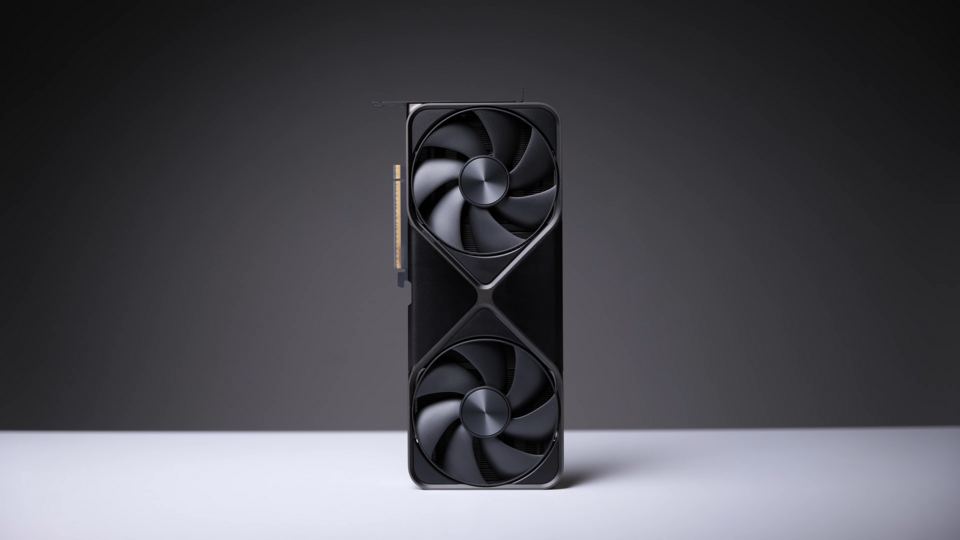 Representative NVIDIA GeForce RTX 5090 Founders Edition in a review frame physical card, photographed from the front