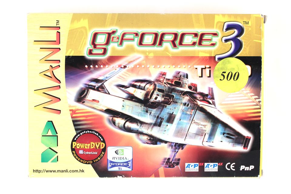 Generic packaging in the museum gallery for nVidia GeForce 3 Ti 500 board; no model name is visible on its face