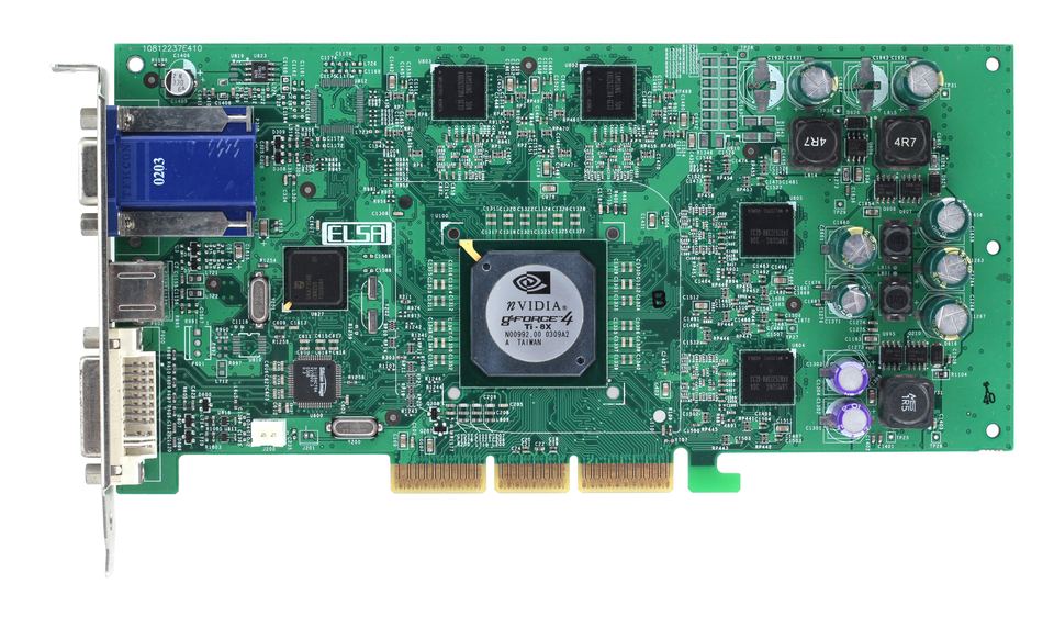 Front component side of the ELSA Gladiac 728 with the cooler removed, exposing the GPU and memory