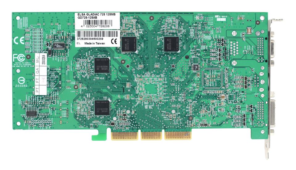 Reverse of the ELSA Gladiac 728 graphics board showing its model and 128 MB sticker