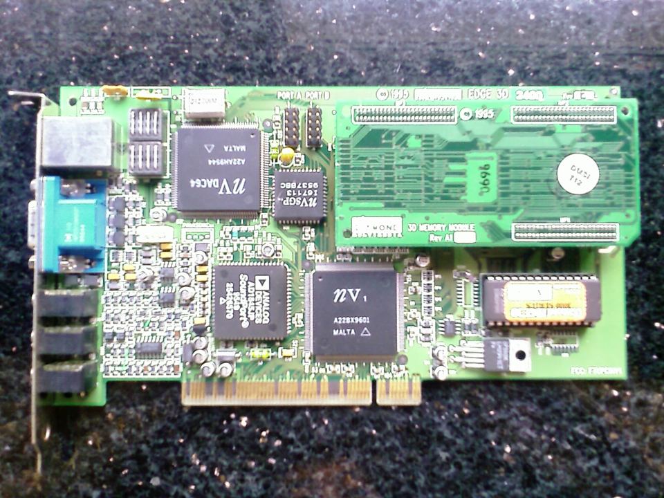 Representative Diamond Edge 3D 3400 NVIDIA NV1 PCI board physical card, photographed from the front
