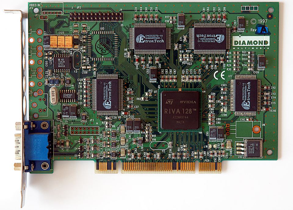Representative Diamond Multimedia RIVA 128 board physical card, photographed from the front