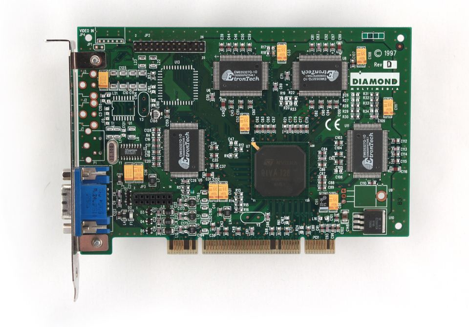 Representative Diamond Viper V330 Riva 128 PCI 4 MB board physical card, photographed from the front