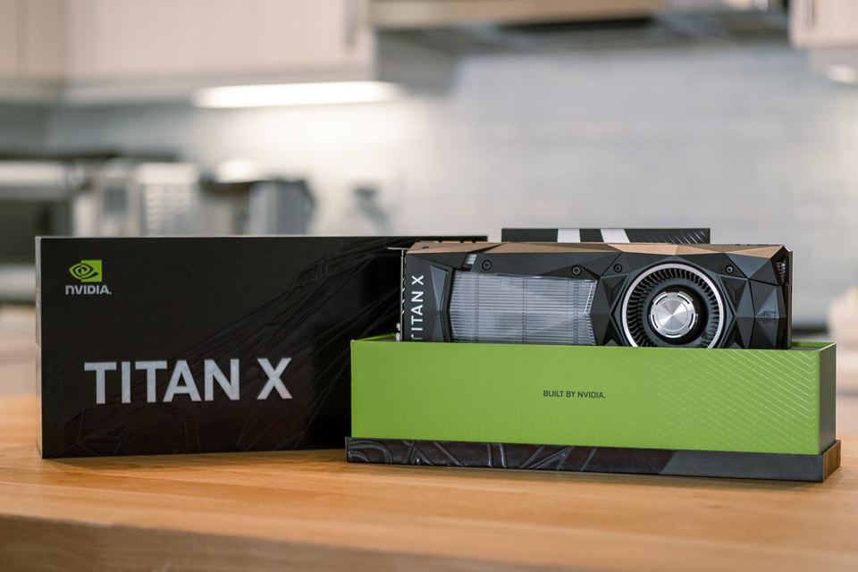 Representative NVIDIA TITAN X Pascal card with retail packaging physical card, photographed from the front