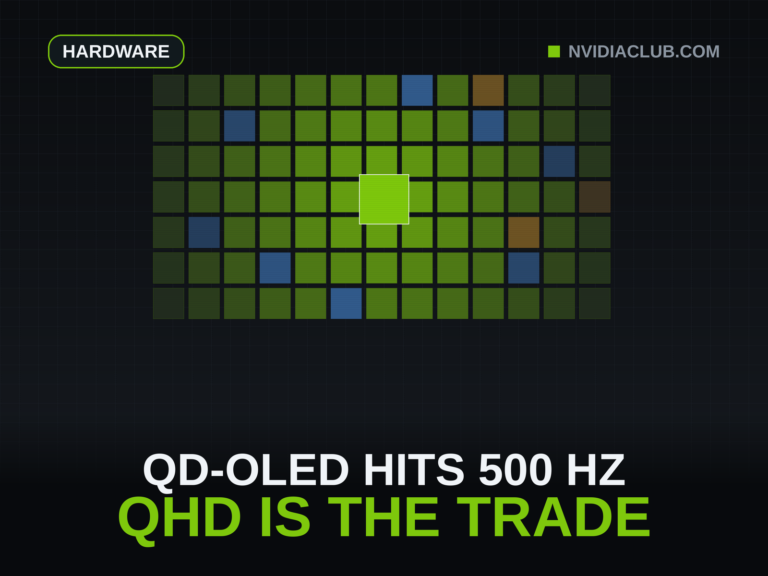 Dense green pixel field brightening toward a central drive point, a QHD panel pushed to 500 Hz, above a centered headline.