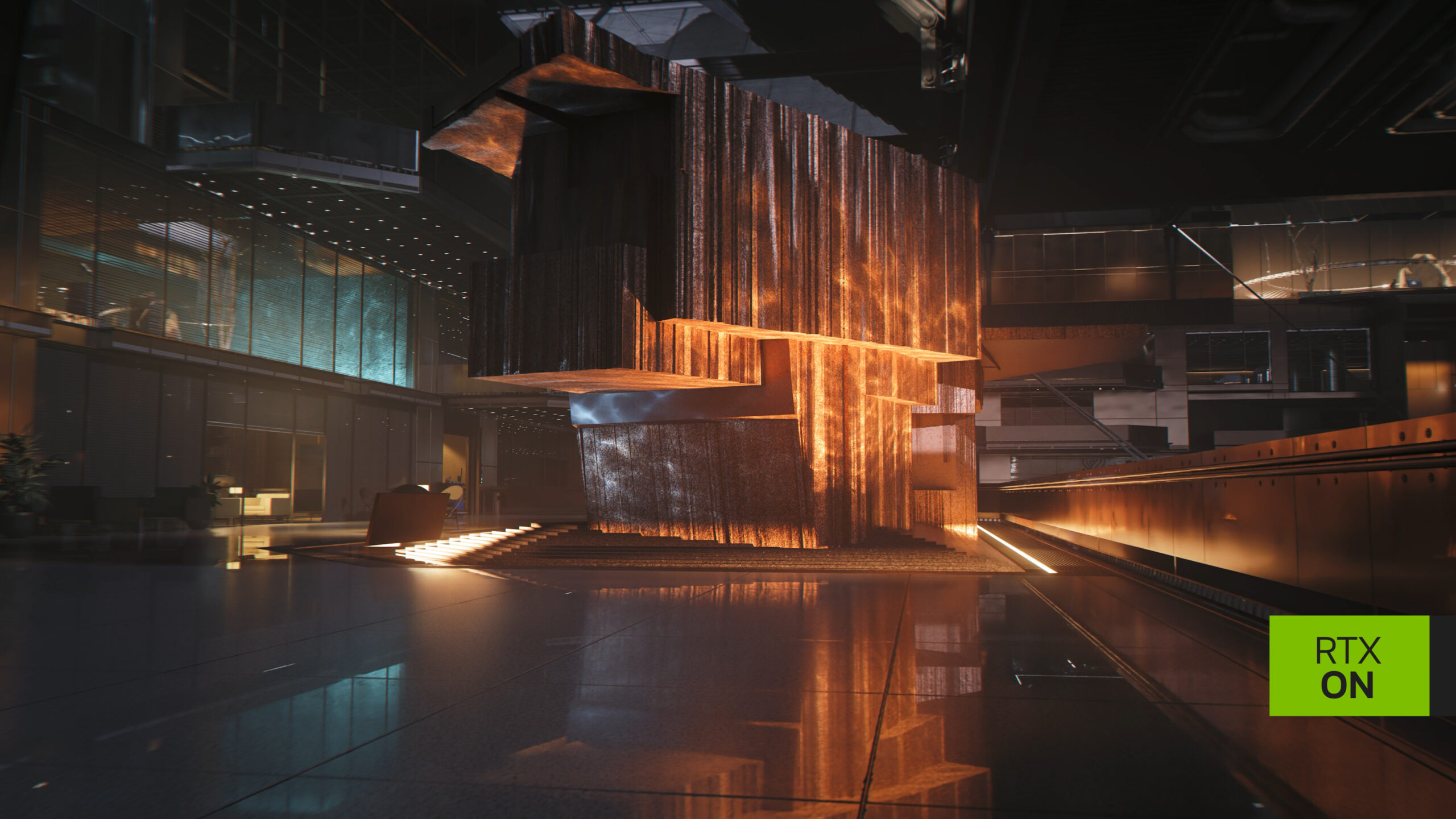 007 First Light's lobby scene rendered with path tracing enabled, showing reflective floors and light bouncing off a metallic sculpture.
