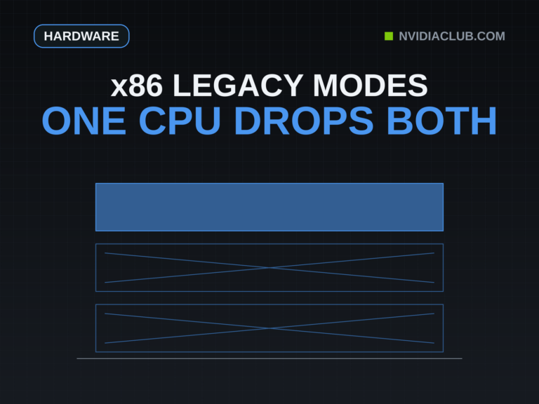 Three stacked slabs for the operating modes an x86-64 CPU normally provides. Legacy Mode and Compatibility Mode are drawn hollow and crossed out at the bottom because the implementation described on the Linux kernel mailing list removes both, and 64-bit mode is filled in blue at the top because it is the only mode kept.