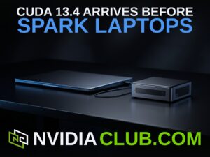 Photo of a closed laptop and a small compact desktop compute unit sitting side by side on a dark reflective desk, connected by a cable, cool blue rim lighting, with the headline CUDA 13.4 Arrives Before Spark Laptops and the PC Tech Vault logo and pctechvault.com signature.