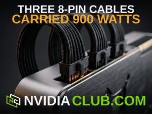 Macro photo of three fully braided 8-pin PCIe power connectors mounted on the top edge of a modified RTX 5090 graphics card, cables arching upward, with a warm amber glow visible at the connector pins, a smooth top-to-bottom gradient fade, the headline Three 8-Pin Cables Carried 900 Watts at the top, and the PC Tech Vault logo and pctechvault.com signature at the bottom.