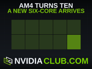 Ten equal green cells in two rows of five, one for each year of AMD's AM4 socket since its 2016 introduction, with the tenth cell filled brighter to mark the Ryzen 5 5500F added to that socket in September 2026. Exact count, one cell per year.