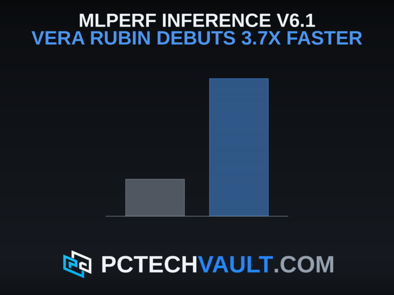 Bar chart, drawn to scale: NVIDIA Vera Rubin NVL72 inference throughput at 3.7x a GB300 NVL72 baseline on the Qwen3-VL MLPerf Inference v6.1 benchmark. Headline: MLPerf Inference v6.1, Vera Rubin debuts 3.7x faster.