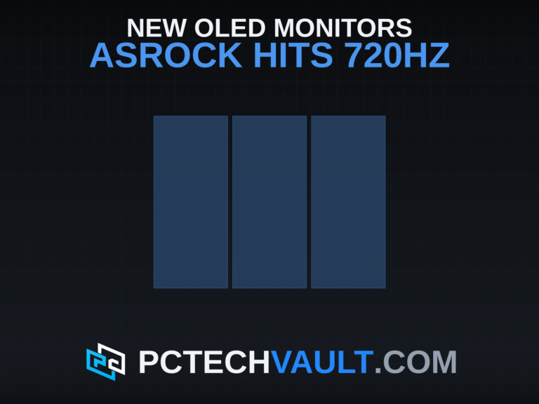 Three equal blue panels representing ASRock, MSI, and AOC OLED monitor launches, under the headline New OLED Monitors: ASRock Hits 720Hz.