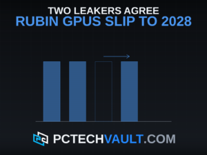 A row of equal-weight generation markers on a baseline; the planned third slot sits hollow while an arrow points to a filled slot one position later, representing Nvidia's Rubin GPU generation slipping a full cycle later than planned.