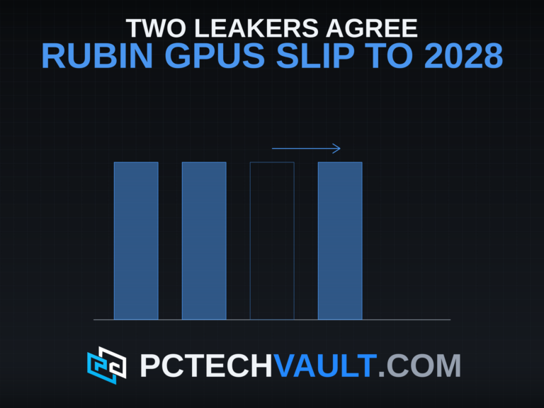 A row of equal-weight generation markers on a baseline; the planned third slot sits hollow while an arrow points to a filled slot one position later, representing Nvidia's Rubin GPU generation slipping a full cycle later than planned.