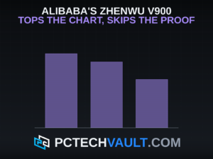 Column chart comparing on-package memory of three AI accelerators, drawn to scale: Alibaba Zhenwu V900 at 216GB, Huawei Ascend 960PR at 192GB, and Nvidia H200 at 141GB.