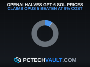 Feature image: a ring filled to 9 percent, drawn to scale, for OpenAI's claim that GPT-6 Sol costs 9 percent of Claude Opus 5 per AutomationBench task, with the headline OpenAI halves GPT-6 Sol prices and claims Opus 5 beaten at 9% cost.